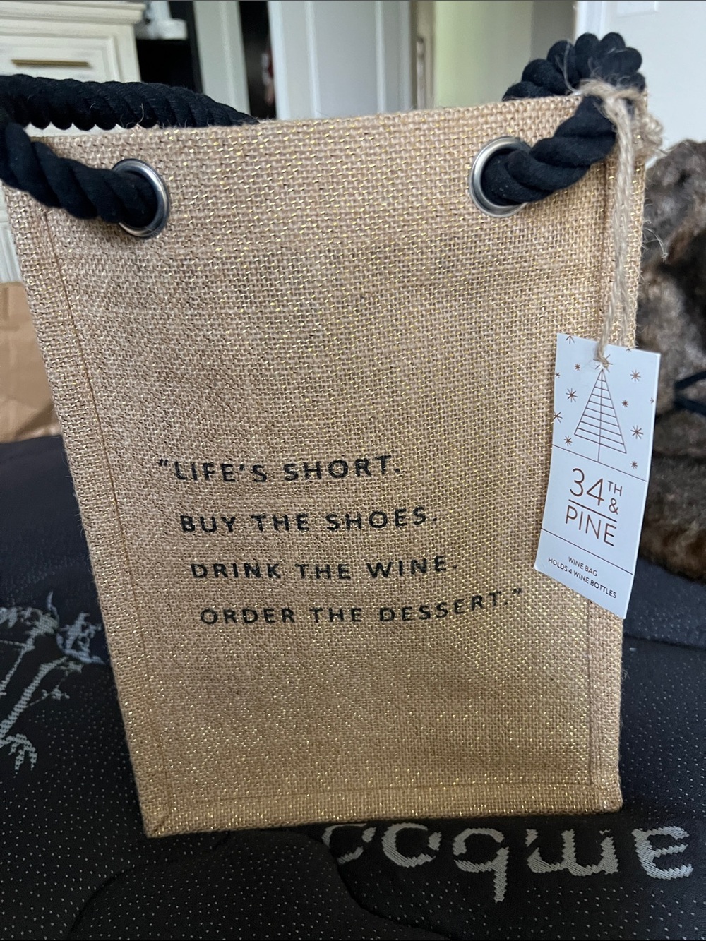 Gold Jute Tote Bag with Black Rope Handles